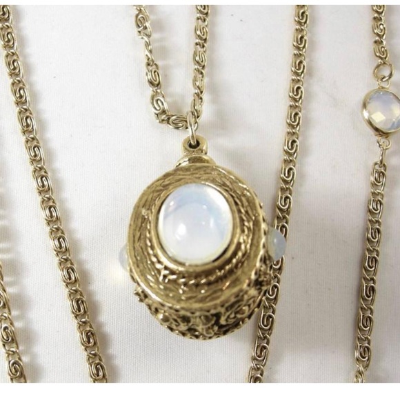 LONG Vintage Goldette NY Multi-Chain Faux Moonstone Pendant Necklace